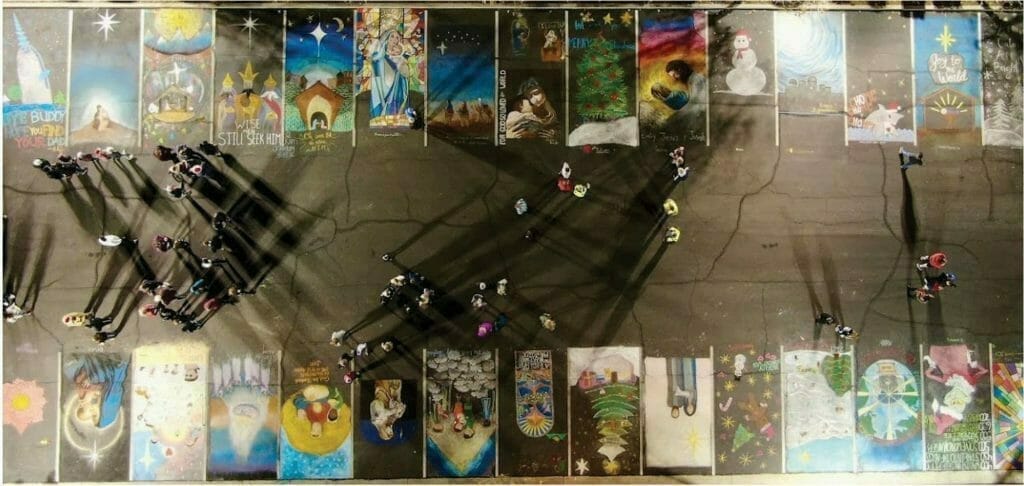 <center>Overhead drone photo of the Chalk Walk event in 2021</center>